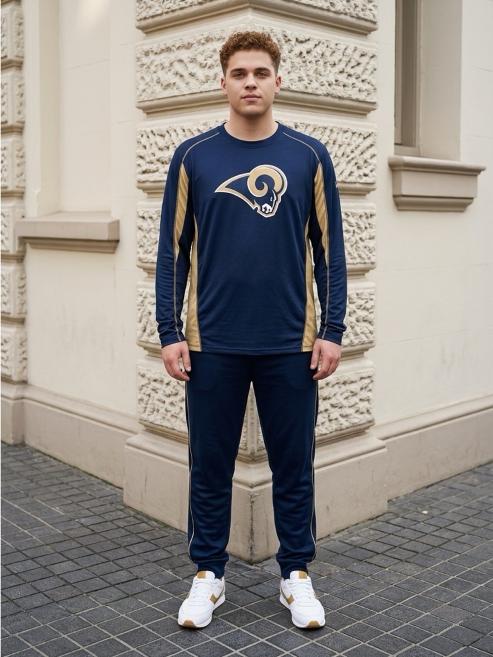 NFL Team Apparel Men’s 2XL St.Louis Rams Navy and Tan Jersey Long Sleeve EUC